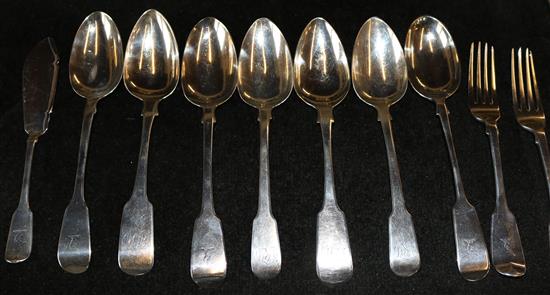 7 silver spoons, 2 forks & a fish knife